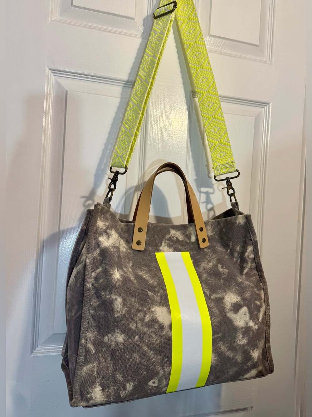 Bagging Rights TOTE-ally! Gray Tie Dye Tote Bag with Neon Yellow & White Stripe